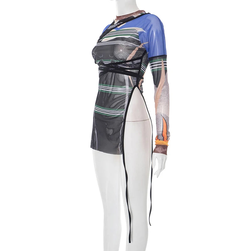 Weird Puss Sexy Irregular t-Shirts Women See Through Full Sleeve Split Ribbon Coquette Midnight Clubwear Wild Stretch Long Tees