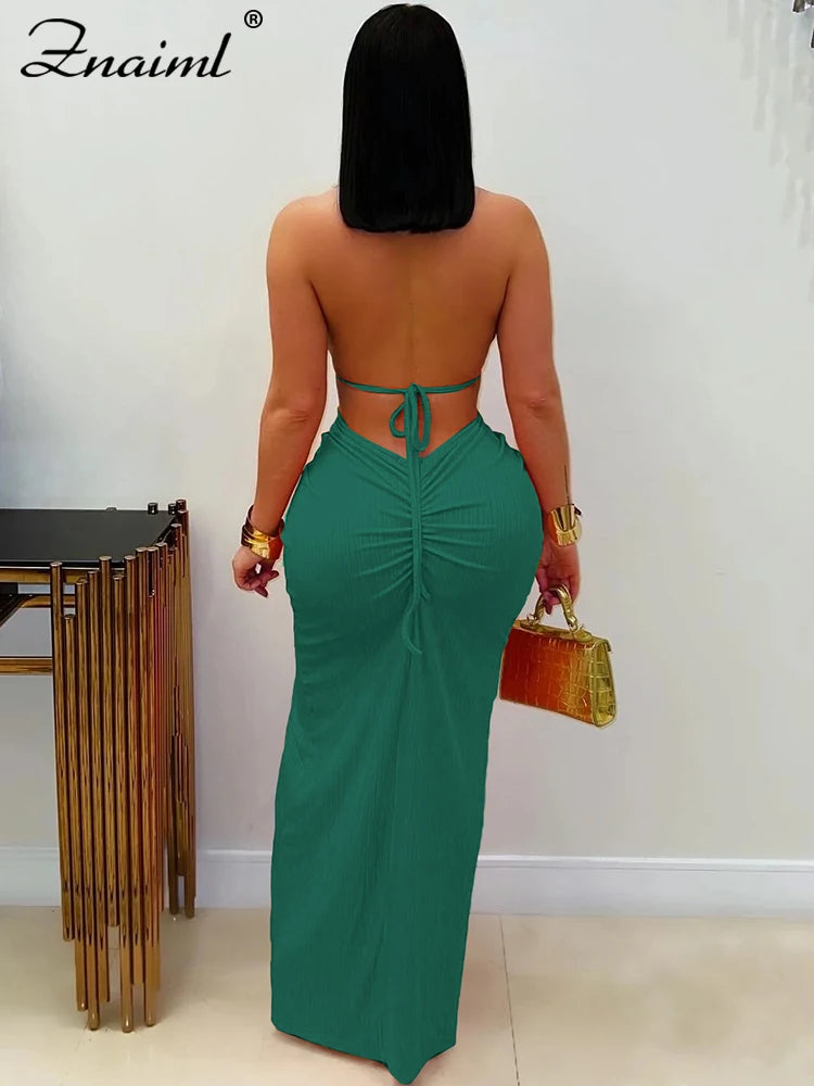 Znaiml Women's Elegant Evening Halter Hollow Backless Slit Bodycon Maxi Dresses Sexy Beach Holiday Party Club Birthday Vestidos