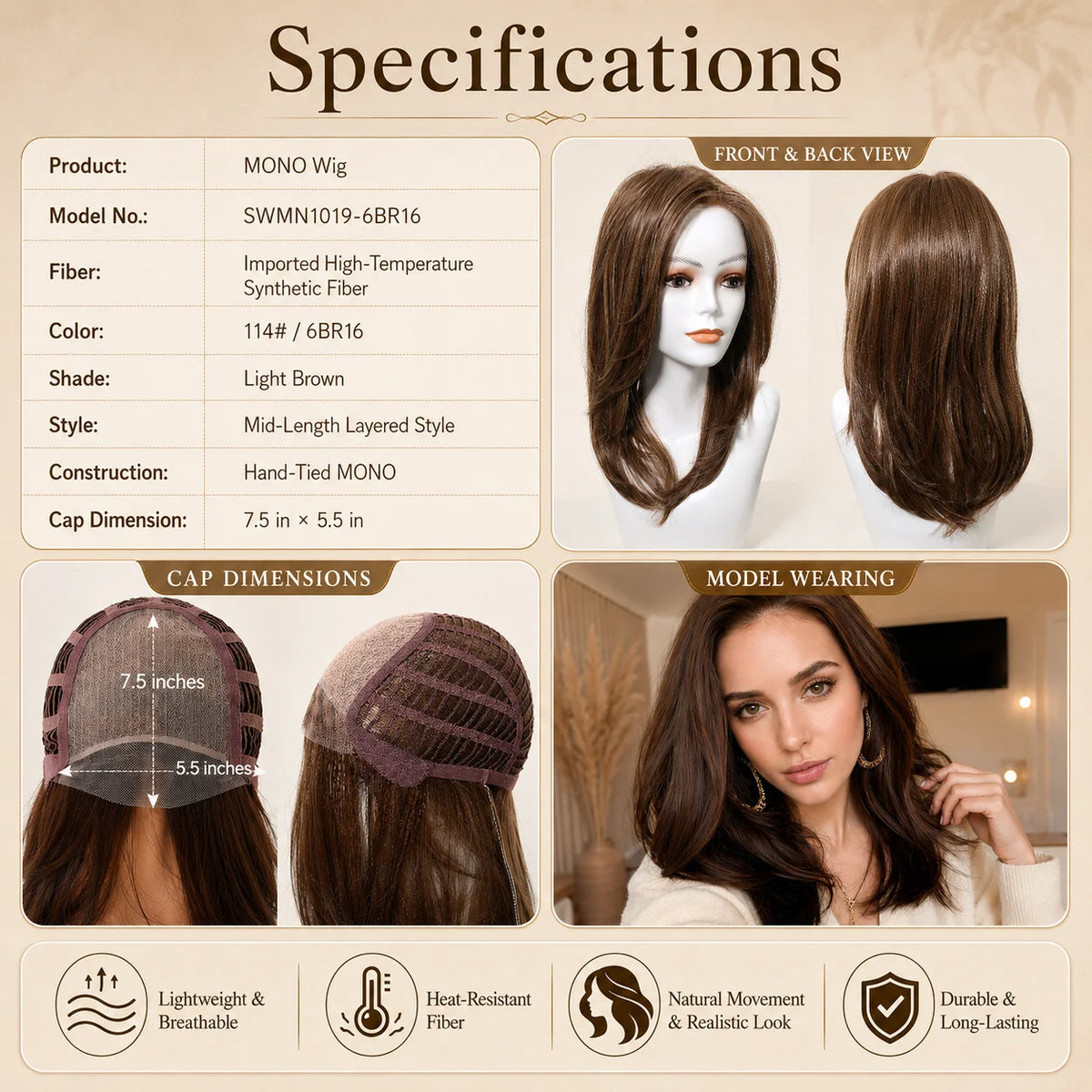 Light Brown Layered Synthetic Mono Top Wig for Women