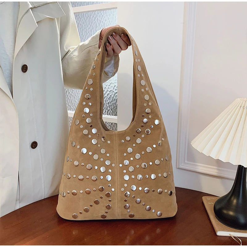 Polka Dot Rivet Tote Bag Women's Fashion Trend Texture Shoulder Bag High-end Luxury Suede Bucket Bag Commuter Female Handbag