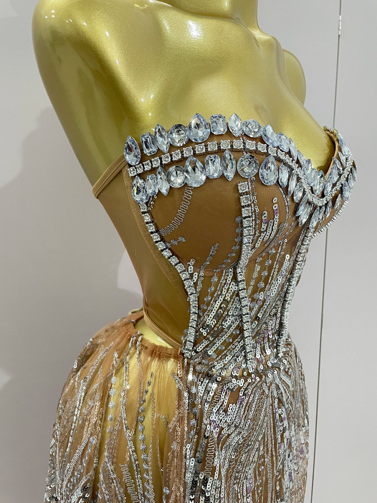 Elegant Sparkly Diamond Sequins Sexy Strapless See-Through Long Dress Women Evening Birthday Party Dress Nightclub Stage Costume