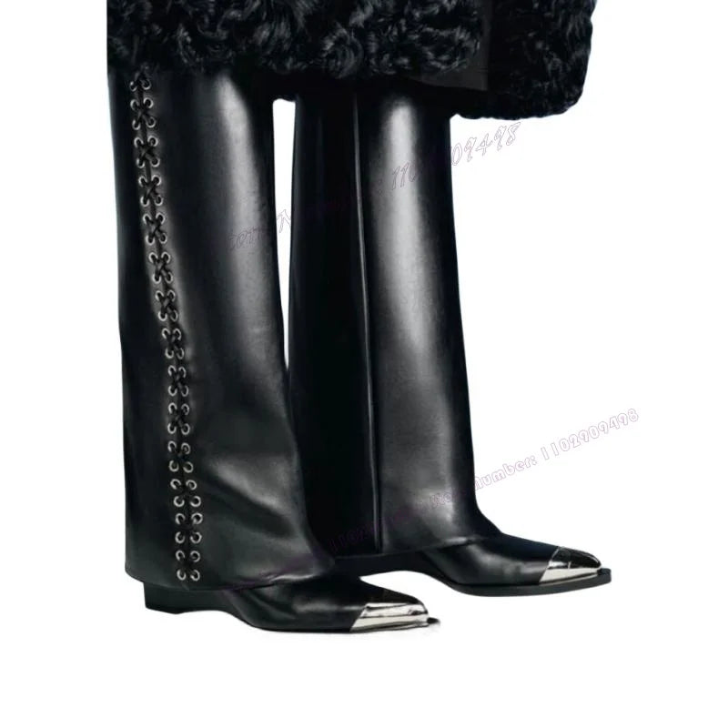 Black Lace Up Wedges Heels Boots Matte Leather Pointed Toe Shoes for Women Fluffy Decor Shark Boot 2025 Zapatos Para Mujere