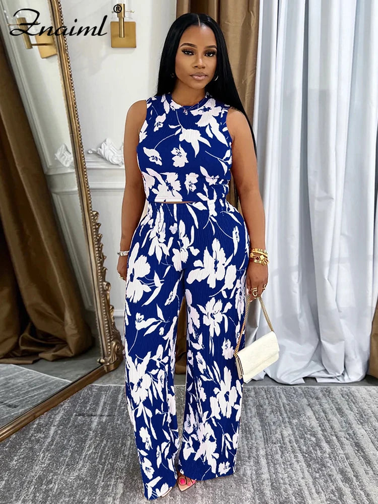 Znaiml Elegant Vacation Flowers Print O-Neck Tank Tops and Straight Wide Leg Pants 2 Pieces Women Sets Summer Birthday Outfits