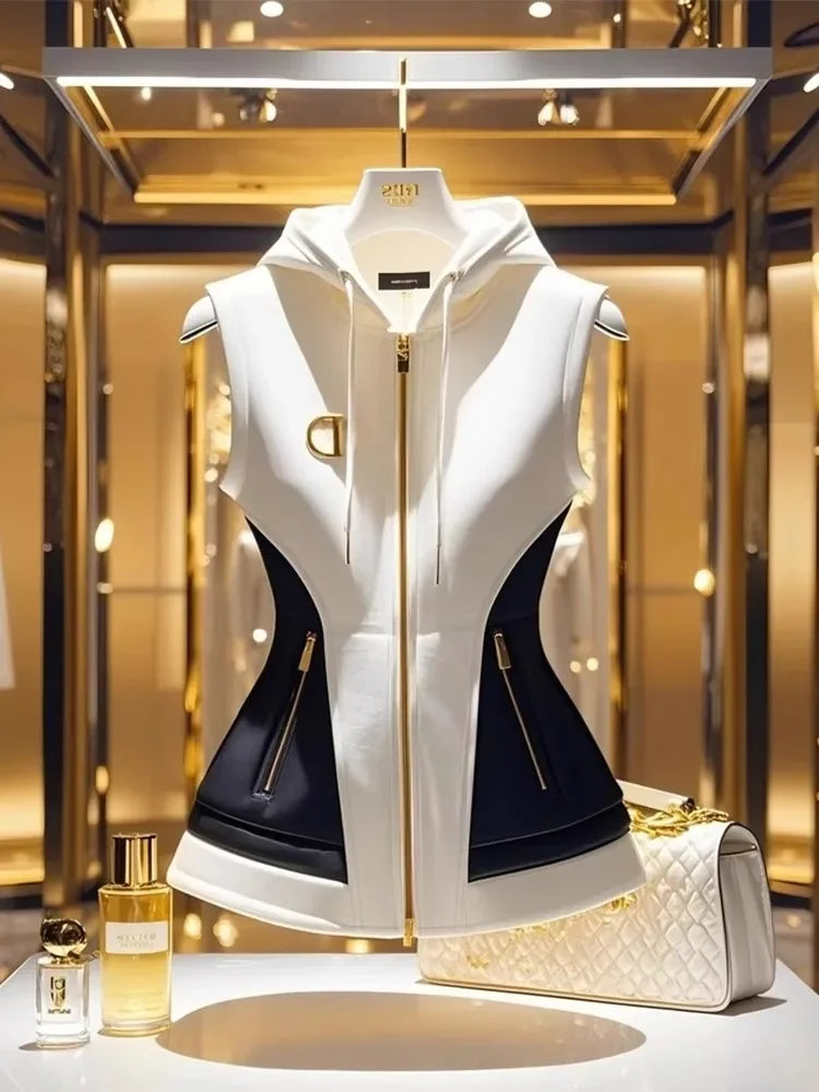 New Spring French Elegant High End Hooded Vest Coat Women Contrast Color Zipper Slim Jacket Temperament Ladies Causal Outwear