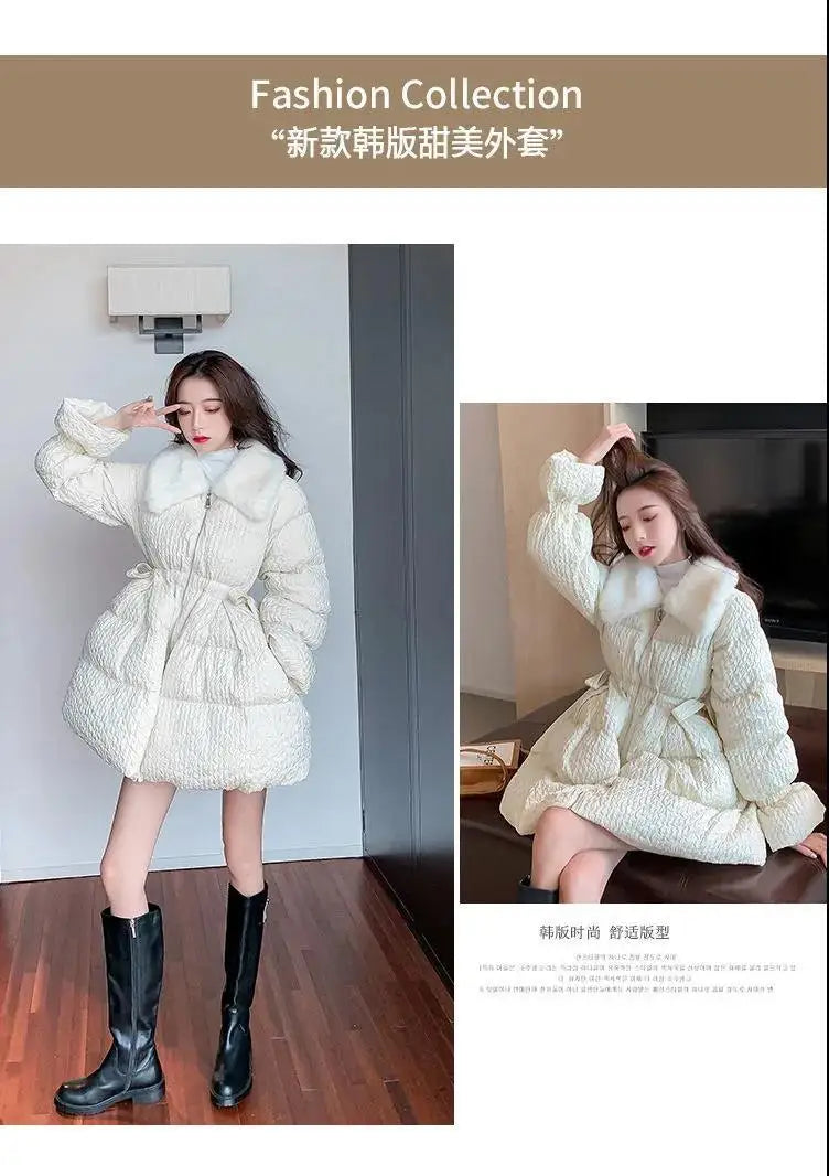 Women Cotton Padded Jacket Coat Female Winter Student Clothing Big Fur Collar Fashionable Medium To Long Parkas