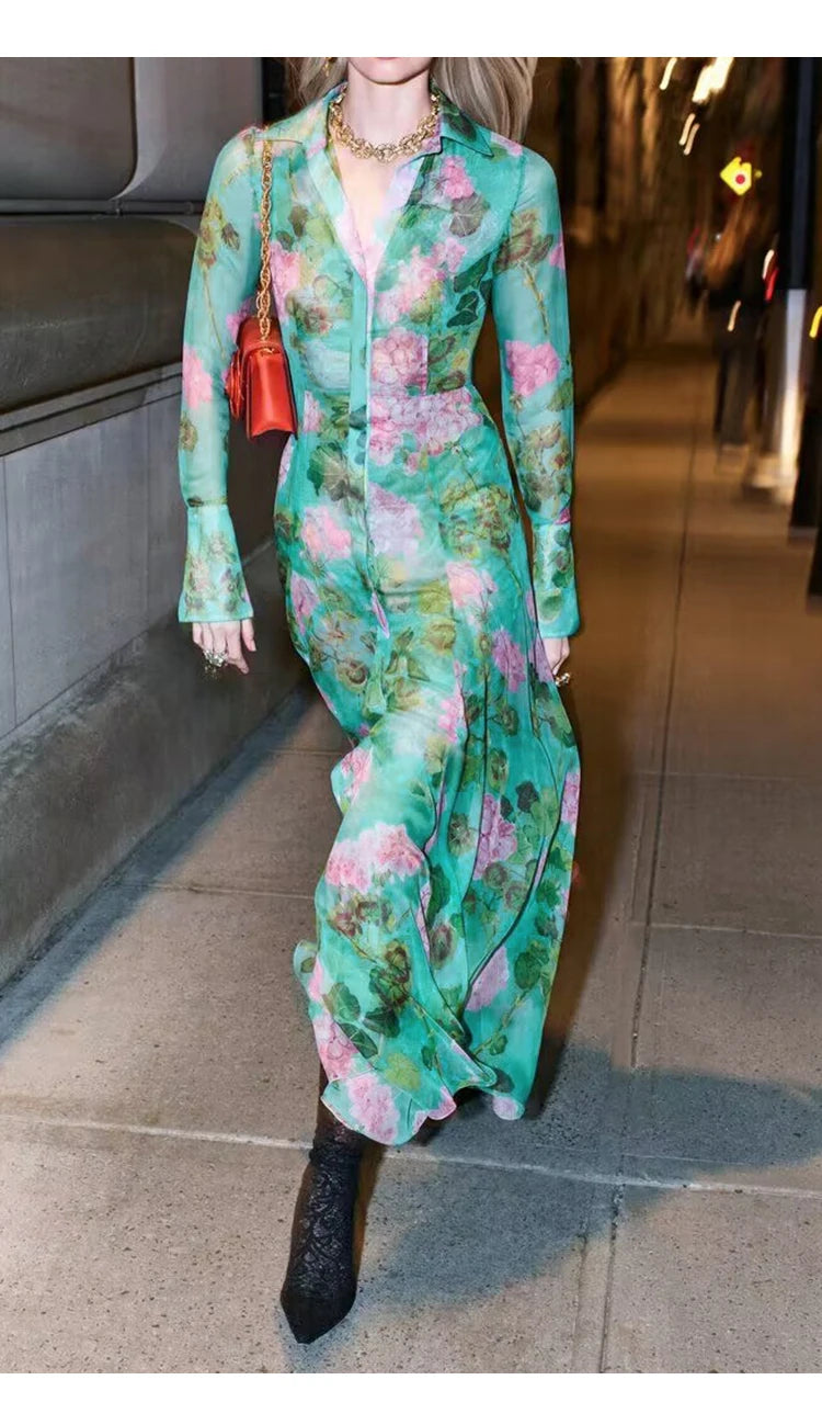 French Romantic Dress 2023 Spring New High-End Temperament Printed Single-Breasted Dress Vacation Style Feminine Long Dress