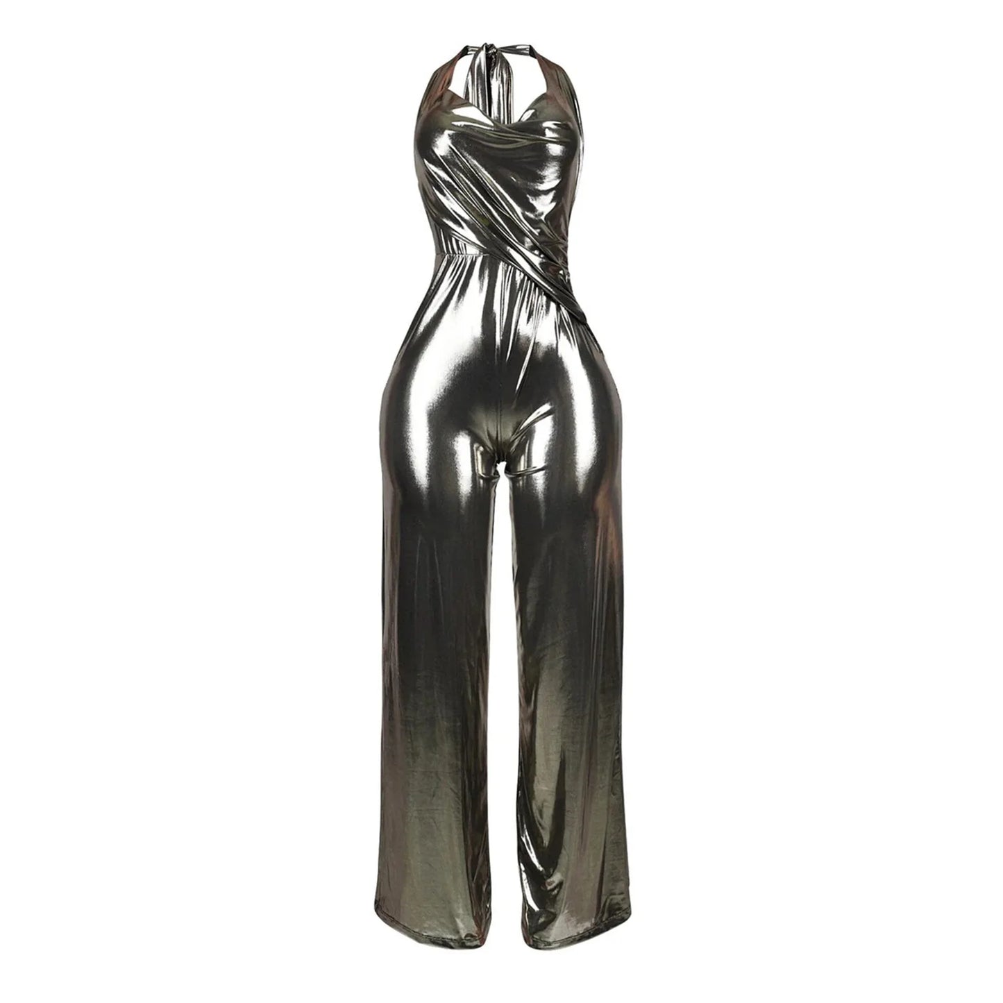 CM.YAYA Women Heaps Collar V-Neck Backless Wide Leg Straight Sleeveless Jumpsuits Spring Sexy One Piece Set Streetwear Outfits