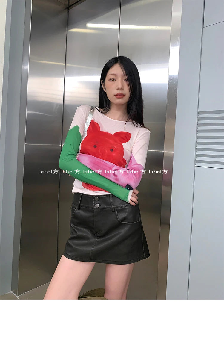 Karrram Y2k Aesthetics Mesh Tops Japanese Harajuku Cartoon Print T-shirt 2000s Vintage Cute T Shirt Korean Style Dopamine Tops