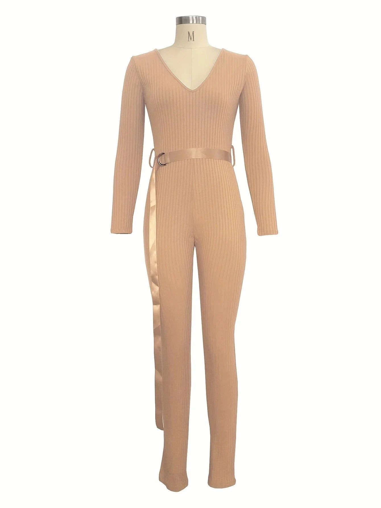 Women Jumpsuits Rompers Ribbed Knitting Skinny Sexy Deep V Neck Long Sleeve Casual Playsuits Club Overalls With Belt