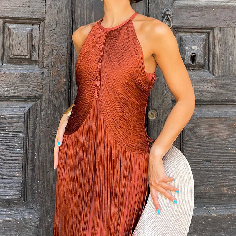Tassel High Waisted Slim Women's Banquet Dress Sexy Hanging Neck Hollow Solid Long Dress Fashion Sleeveless Cocktail Party Dress