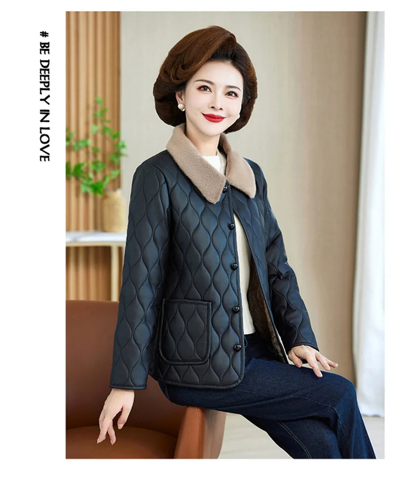 Winter Plush Jacket Winter Mom's Fashion Plus Size Loose Thick Fur Collar Coat For Mid-Aged Women With Velvet Warm Quilted Coat