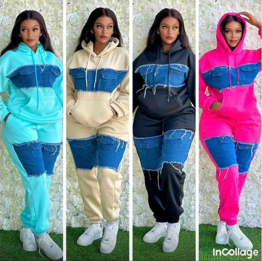 Pants Set Women Two Piece Sets Hooded Matching Sets Sweatshirts Long Pants High Waist Denim Splice Y2k Casual Jogger 2025