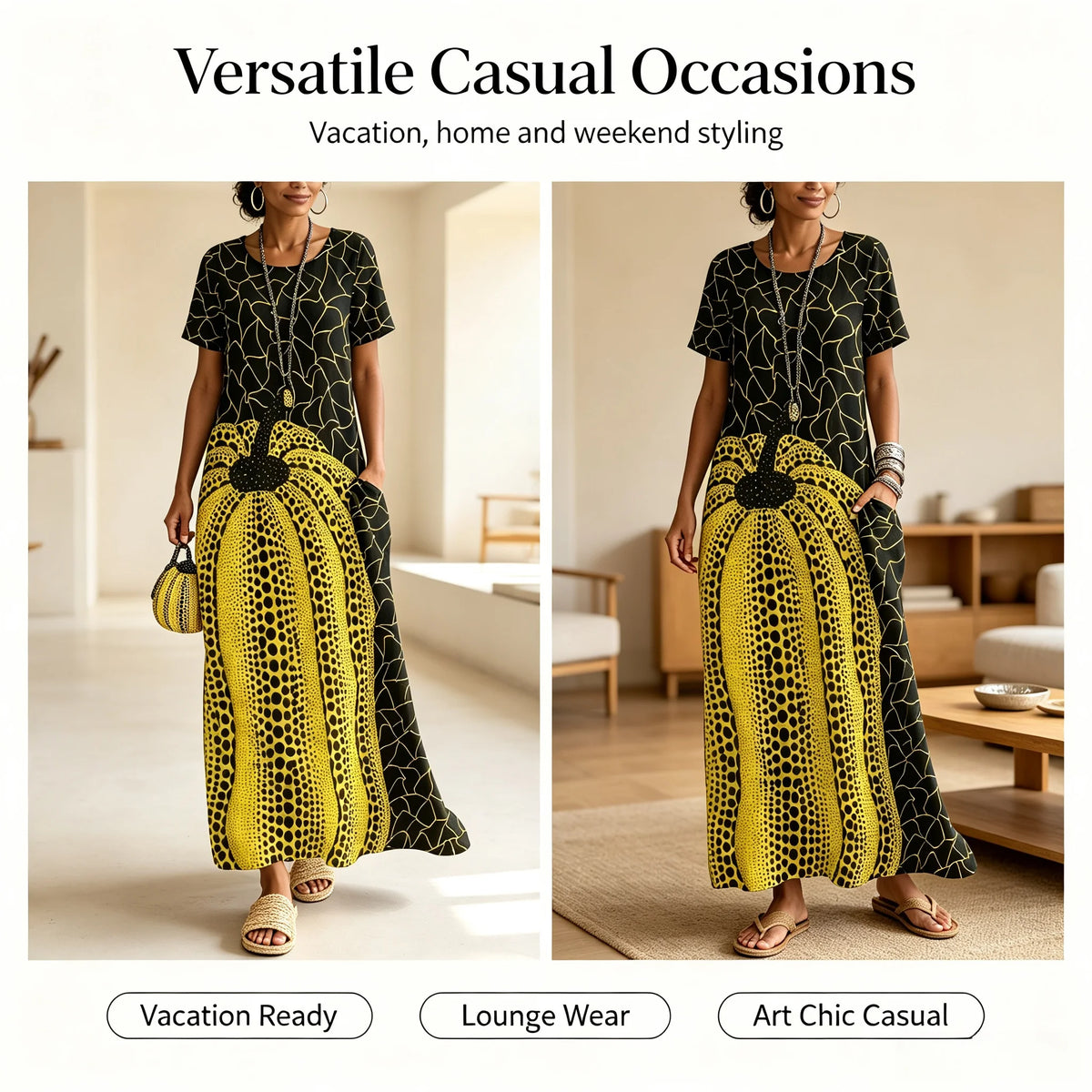 Casual Artistic Print Short Sleeve Maxi Dress For Women