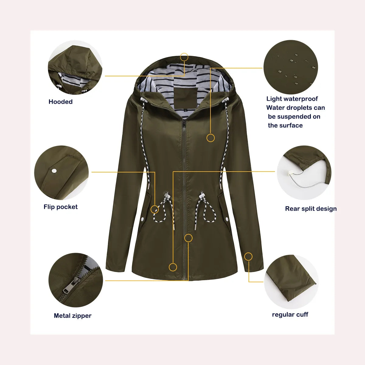 Women Outdoor Windbreaker Casual Loose Hooded Waterproof Raincoat Long Sleeve Solid Color Mid-length Zipper Hiking Jackets