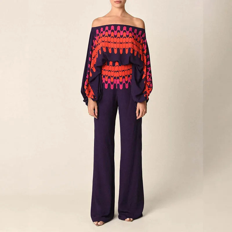 CM.YAYA Women Set Full Batwing Sleeve Slash Neck print Top + Wide Leg Pants Summer Street Two 2 Piece Sets Sexy Outfit Tracksuit