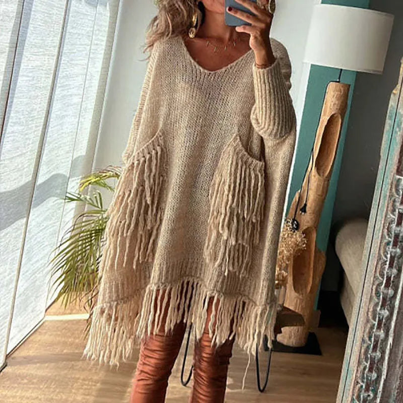 Autumn Women Solid Color Irregular Pullover Dress Fashion V Neck Long Sleeve Tassel Knitted Sweater Casual Loose Ladies Sweater