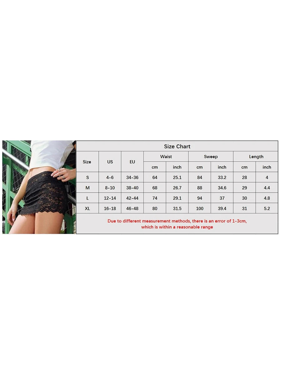 Women's Mini Lace Skirts Casual Low Waist Solid Color See Through Short Skirt for Female Streetwear Club Party Y2K 2000s 90s