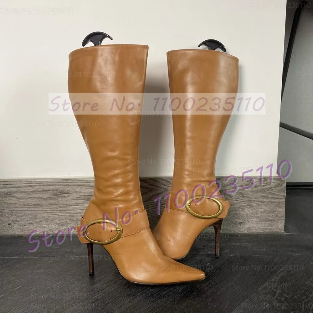 Black Leather Pointed Toe Knee High Boots for Women