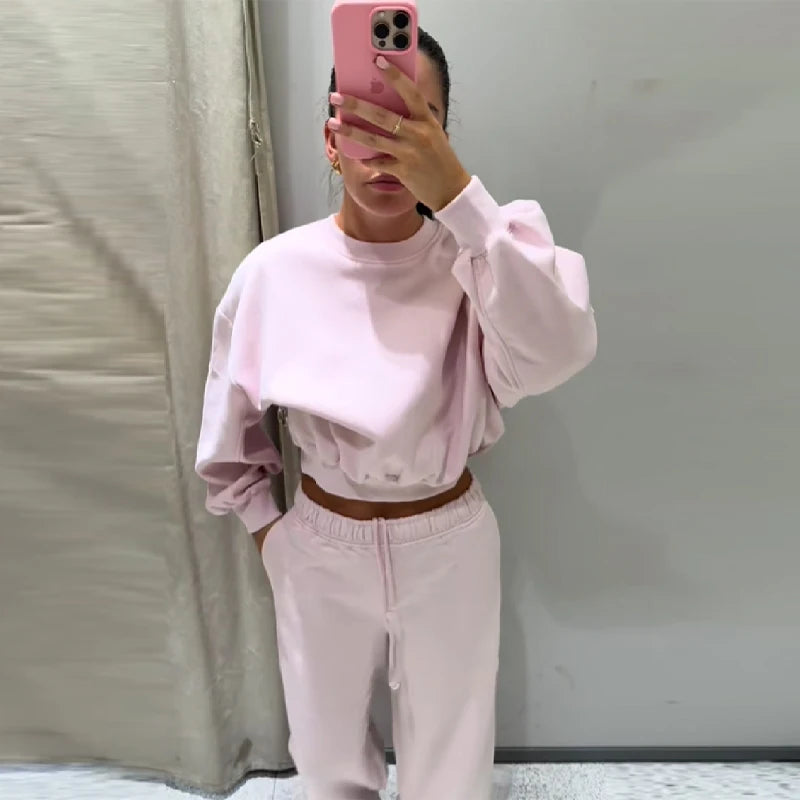 Women Round Neck Short Hoodie Pants Set Solid Color Casual Cozy Sportswear Set Top Trousers Two-piece Set Autumn New Streetwear