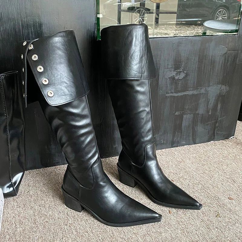 Modern Ladies Knee High Boots With Heels Shoes Female Slip On Footwear Fashion Pointed Toe Women Long Boots Pumps Shoes lady