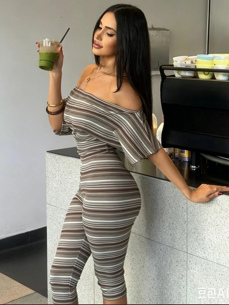 Striped Slash Neck Crop Top and Capri Pants Set for Women