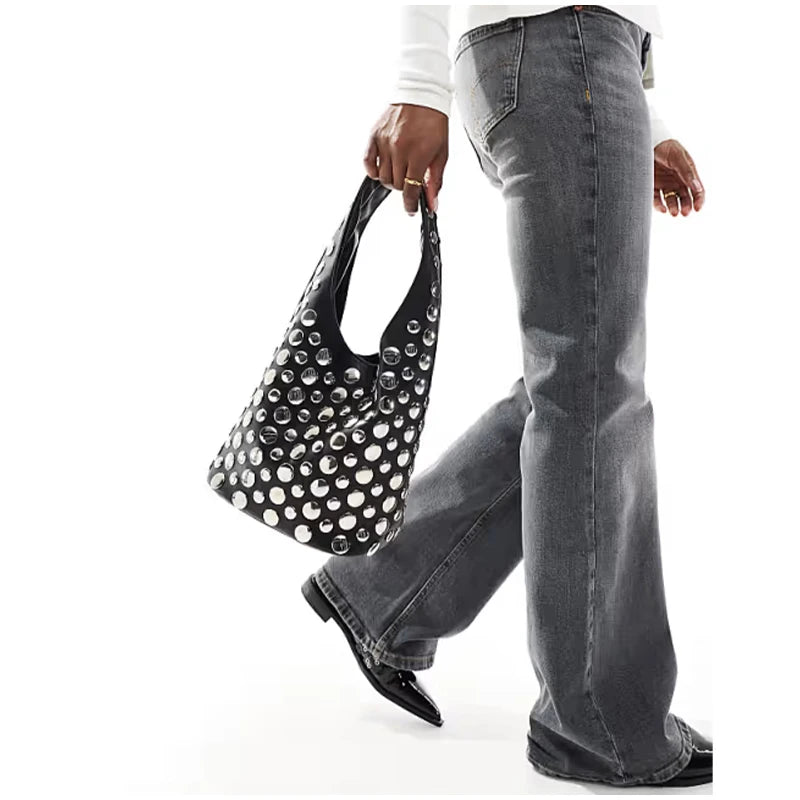 New Rivet Series Bucket Bag Motorcycle Texture Trendy Handbag Tortoise Shell Sequins Versatile Simple Fashion Soft Bag Lady Bag