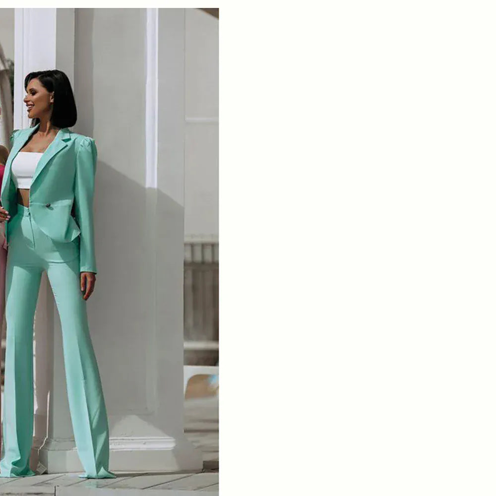 Fashion Chic Pink Blue Suit for Women Single Breasted 2 Piece Jacket Pants Female Clothing Slim Fit Office Lady Blazer Set