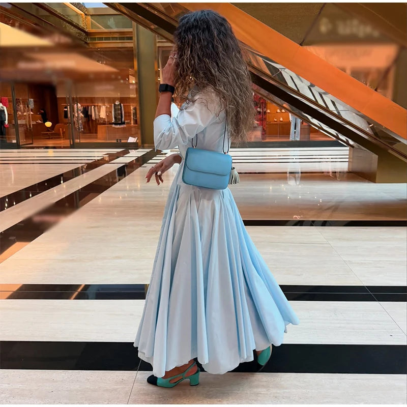 Solid Women's Casual Pleated Long Dress Fashion Lapel Full Sleeve Button Maxi Dress Lady 2025 Early Autumn Chic Street Robes