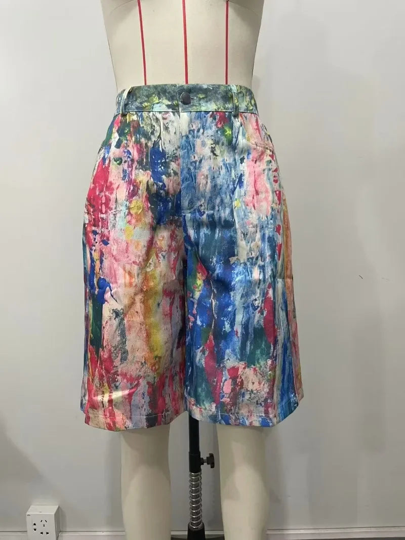 Summer Graffiti Colorful Painting Print Loose Casual Shorts Women High Waist Button Pockets Straight Short Trousers Streetwear