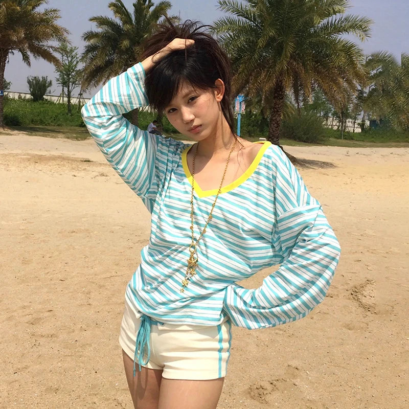 Karrram Japanese Y2k Blue Striped T-shirt Korean 2000s Style V-neck Long Sleeve T Shirt Vintage Harajuku Off Shoulder Loose Tops