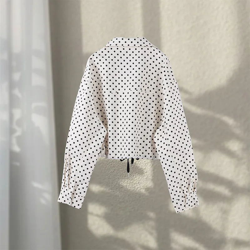 Loose Polka Dot Zipper Women's Shorts Set Stand Collar Patchwork Full Sleeve Pockets Jacket Tie Up Short Pant Suit Summer Outfit
