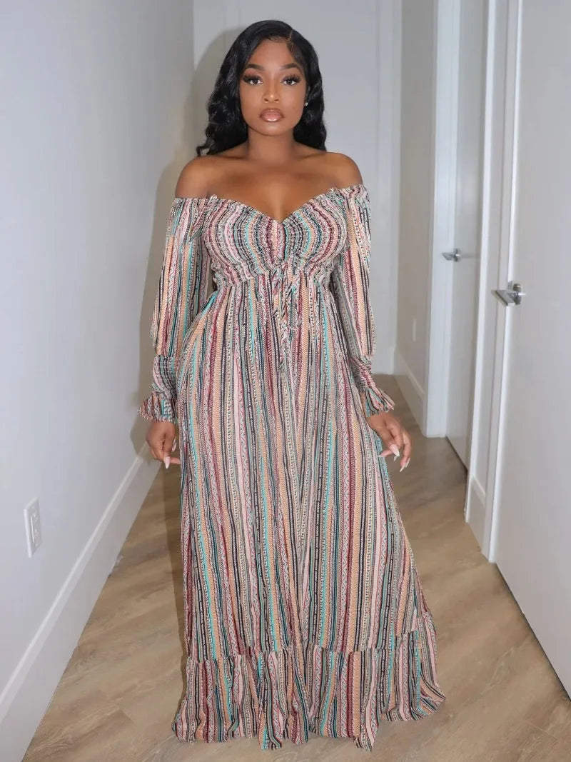 Women Striped Print Drawstring Full Sleeve Slash Neck Pleated Long Dress Fall Beach Party Prom Evening Dresses Vestidos