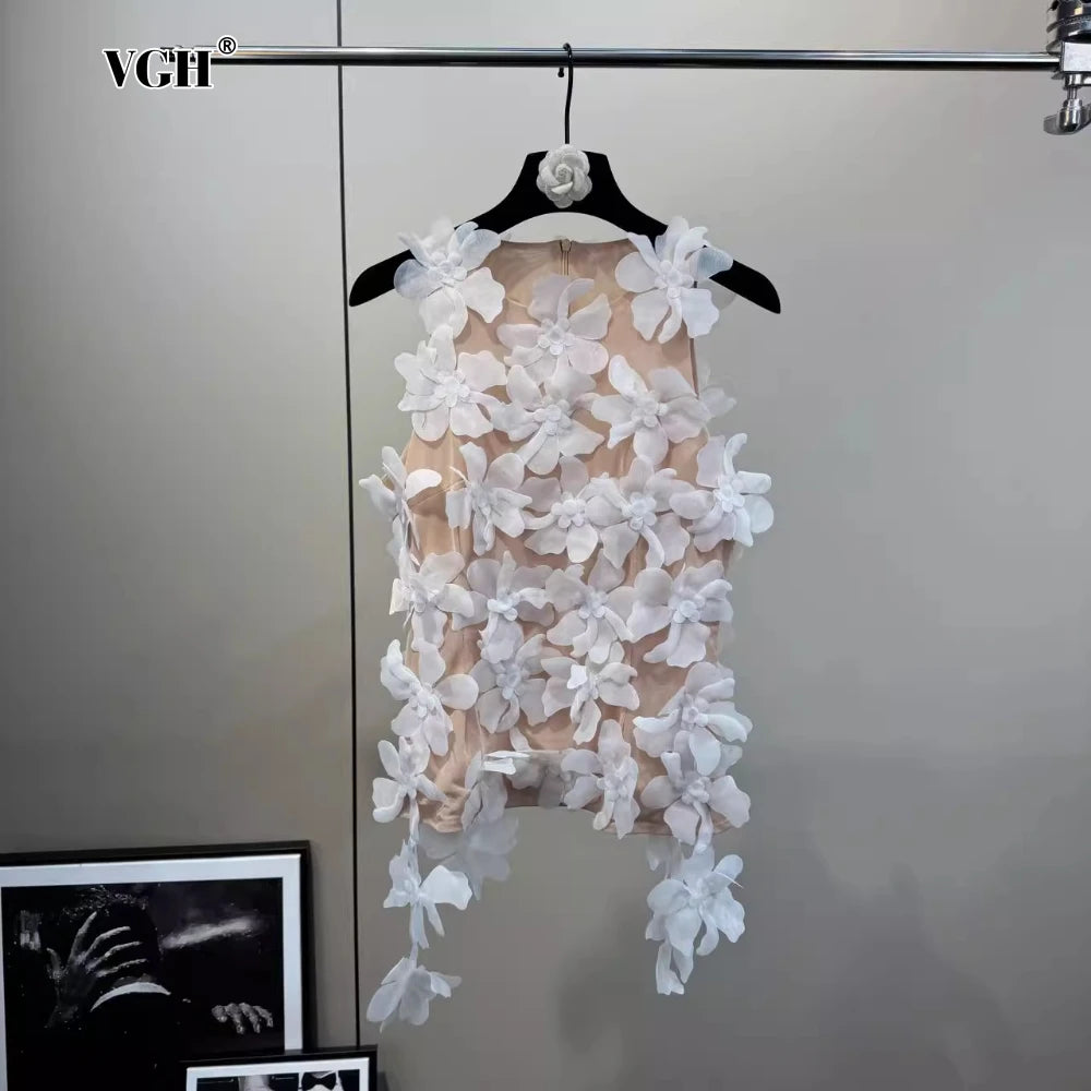 VGH Solid Spliced 3D Petal Tank Tops for Women Round Neck Sleeveless Patchwork Zipper Sheer Mesh Vest Female Fashion Clothing