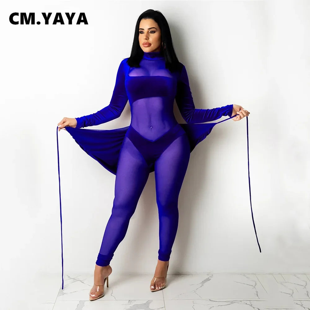 CM.YAYA Autumn Winter Women Long Sleeve Velvet Mesh Patchwork Jumpsuit Vintage Sexy Night Party Club One Piece Romper Playsuit