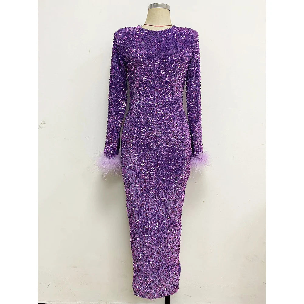Women's Dress Elegant Celebrity Party Sequin Cuff Feather Retro Slim Long-Sleeve Long Dress Fashion Evening Party Dress