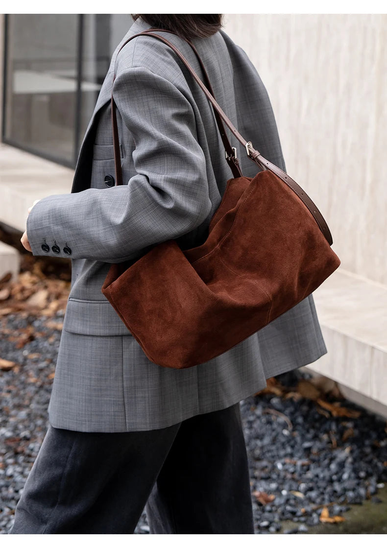 Women's Suede Genuine Leather Shoulder Bags Ladies Frosted Cowhide Crossbody Bag Female Design Luxury and Lazy Commuting Handbag