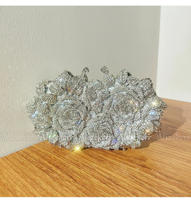 Alizekerr Rose Crystal Evening Clutch Bags Women New Luxury Boutique Sparkling Diamond Flower Purses And Handbags Wedding Party