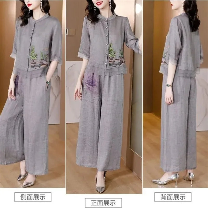 Grey Summer Art Embroidery Chinese Style Set Linen Western Style Summer Wide Leg Pants Casual Fashion Two piece Cotton Set XXXL
