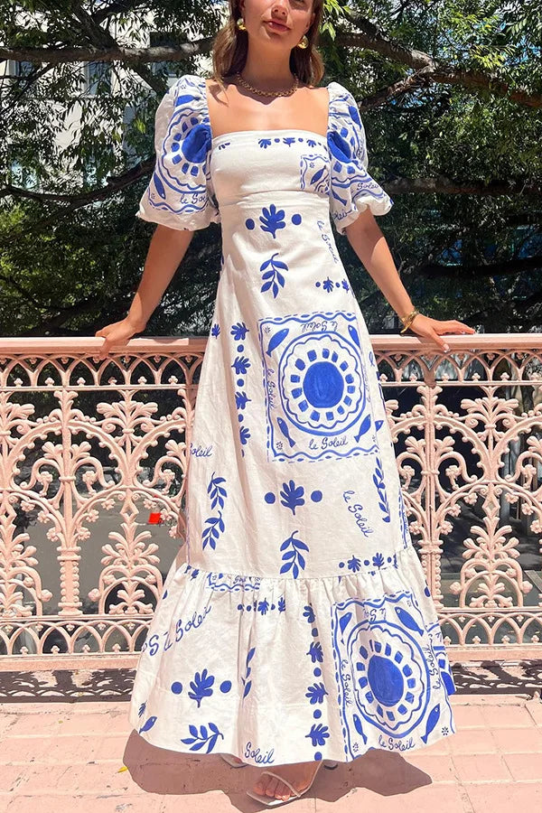 Summer Dress Elegant Women Flower Printed Maxi Dress High Waisted Short Sleeve Square Collar 2025 Summer Fashion Holiday Dresses