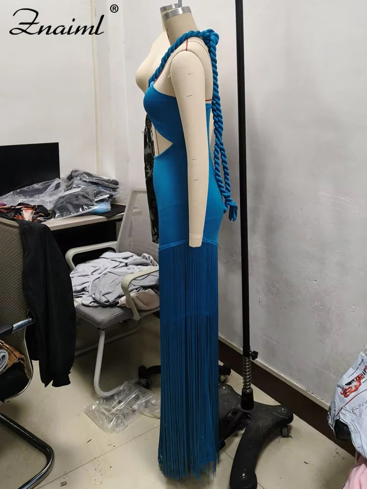 Znaiml Sexy Halter Backless Tassel Bodycon Blue Maxi Dress for Women Elegant Celebrity Birthday Party Evening Prom Formal Robe