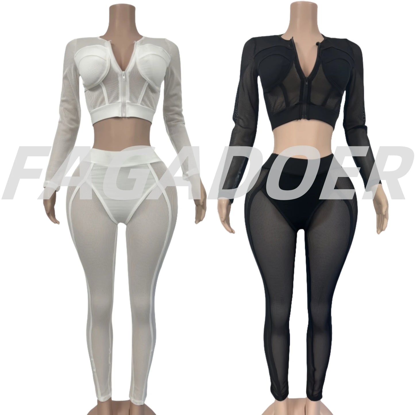 FAGADOER Sexy Hollow Out Bodycon 2 Pieces Set for Woman Mesh See Through Long Sleeves Tops + Leggings Matching Female Streetwear