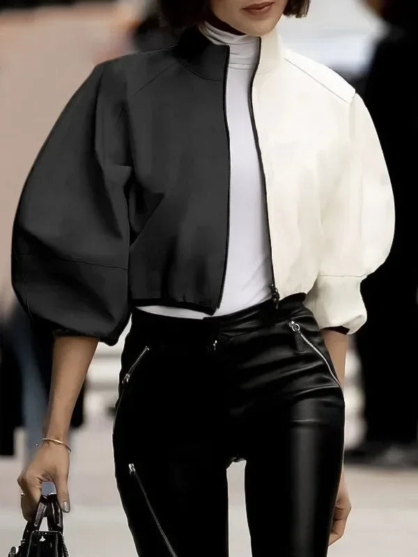 Women Fashion Patchwork Stand Collar Jackets 2025 New Spring Autumn Puff Sleeves Loose Fit Casual Korean Style Outerwears