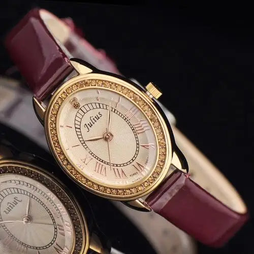 Small Oval Rhinestones Julius Lady Women's Watch Japan Quartz Elegant Fashion Hours Bracelet Leather Girl's Gift Box