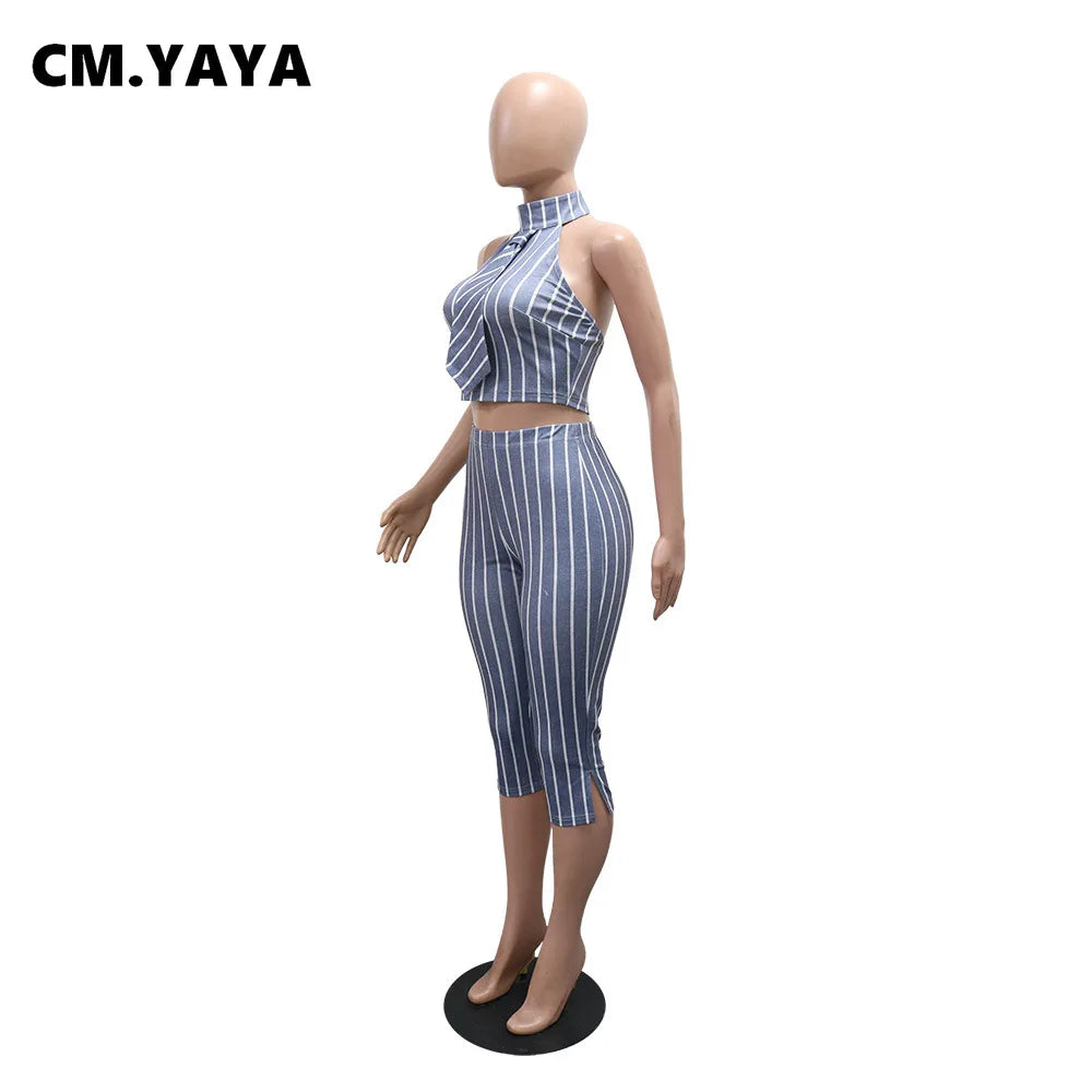 CM.YAYA Striped Printed Women's Set Sleeveless Necktie Tops and Leggings Pants 2025 Sexy Party Two 2 Piece Sets Outfit Tracksuit
