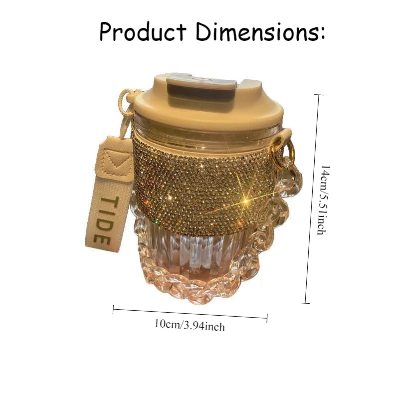 Portable Rhinestone Glass Coffee Cup With Chain for Women