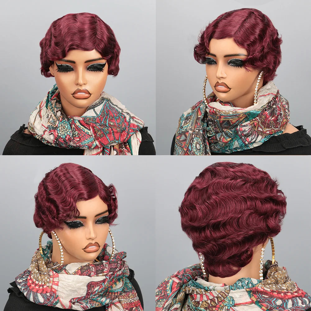 180% Density Glueless Brazilian Ocean Wave Human Hair Wig Burgundy 99J Colored Short Pixie Cut Loose Curly Finger Wave Style