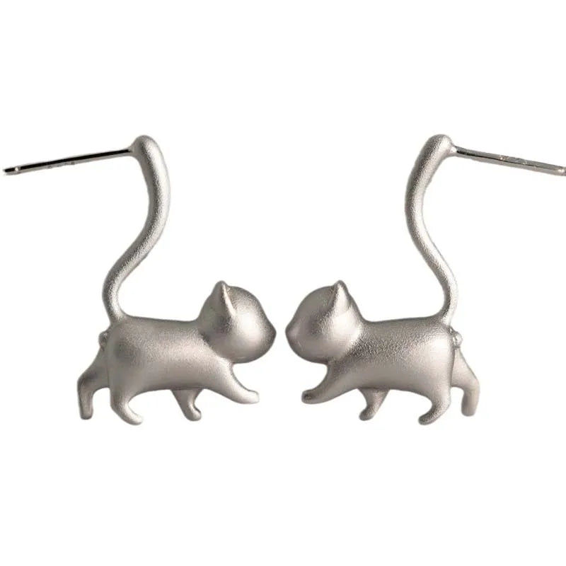 Silver Tone Cat Stud Earrings
