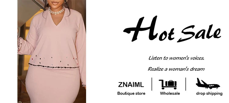 Znaiml Pink Diamonds Patchwork Two Piece Set for Women V-Neck Long Sleeve T-shirt Tops and Pencil Skirt Suit Casual Female New