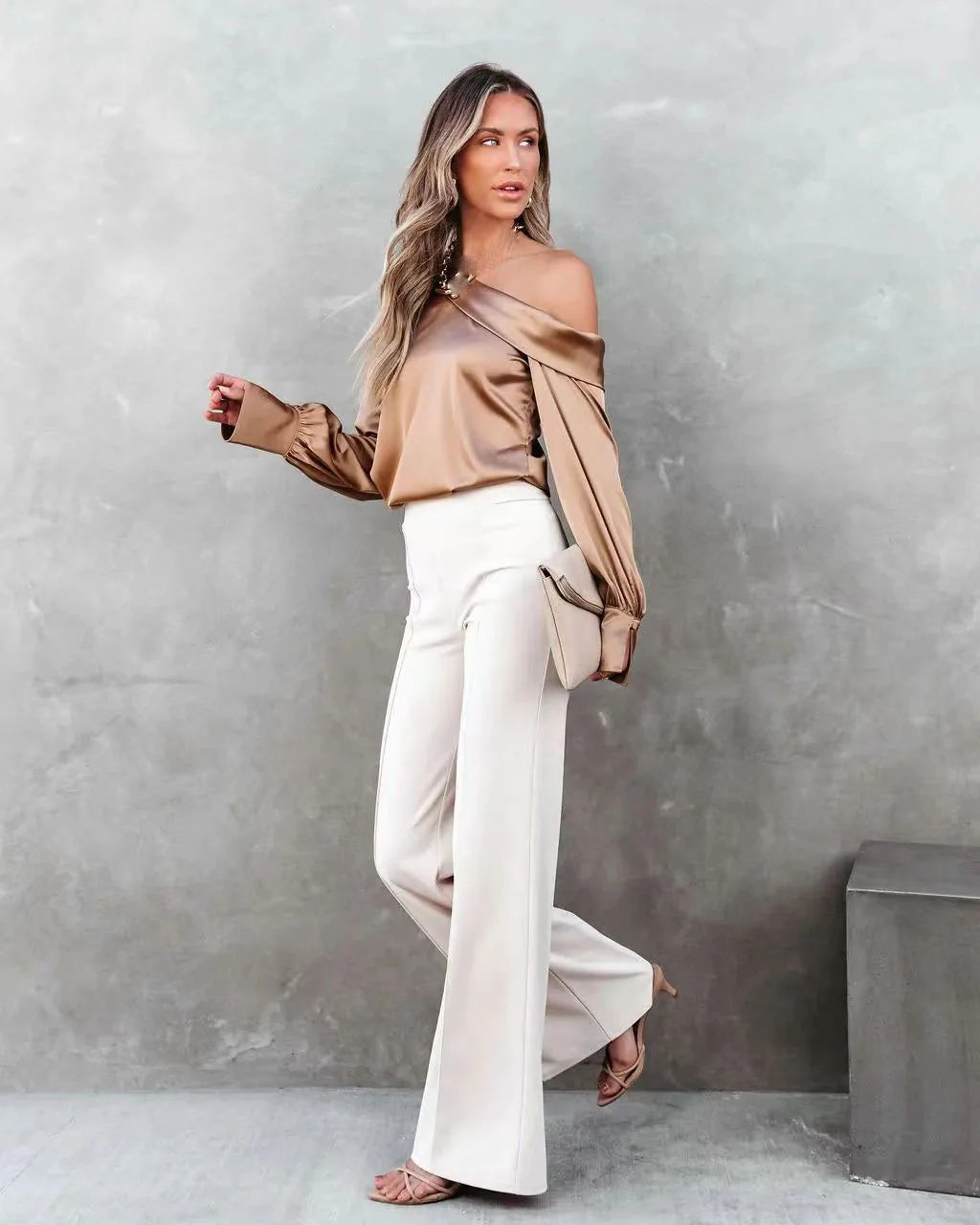 Women Fashion Sexy Slash Neck Satin Blouse Solid Color Long Sleeve Off Shoulder Office Shirt Lady Casual Loose Blouse Tops