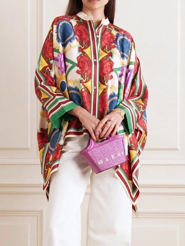 Fashion Stylish Selection Batwing Sleeves Flower Print Stand Collar Blouses Women Spring Summer High-low Buttoned Shirts Tops